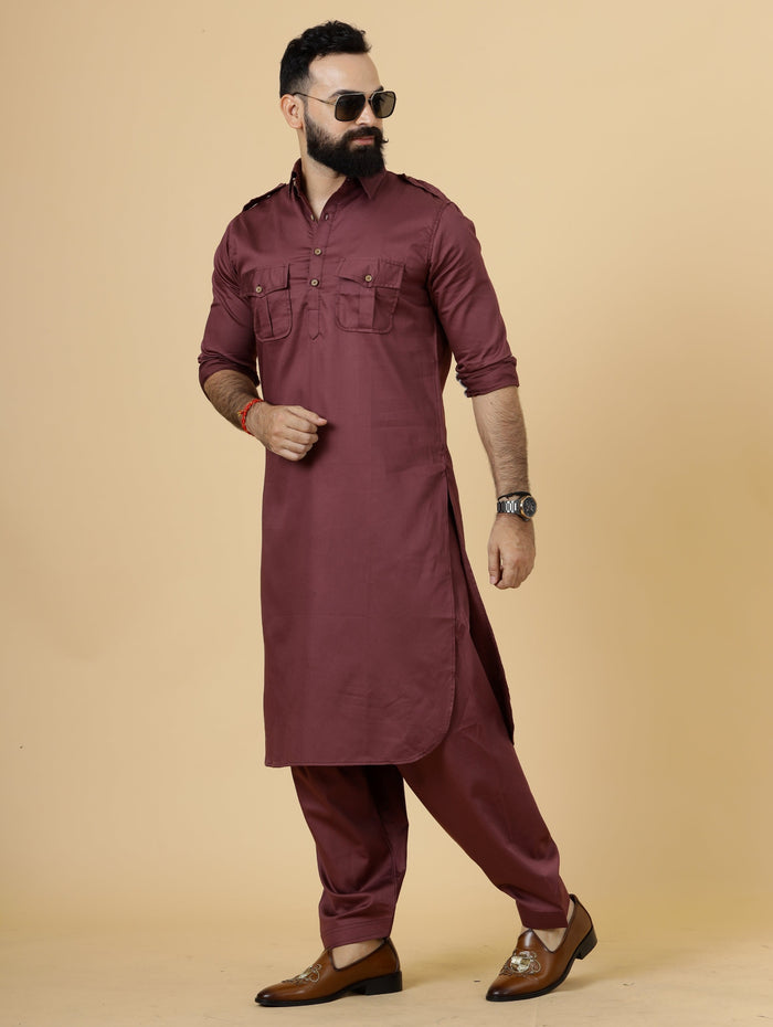 Maroon Pathani Kurta Pajama Set for Men