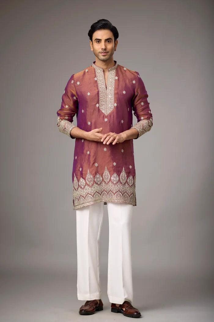 Scattered Motif Hem Border Maroon Kurta – Wedding Wear | Mahavir NX