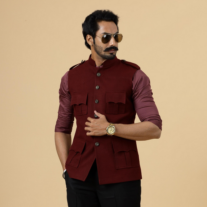 Maroon Tweed Semi-Hunting Rajputana Jacket