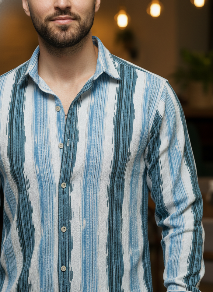 Men's Aqua Teal Abstract Stripe Winkle Ribbed Shirt