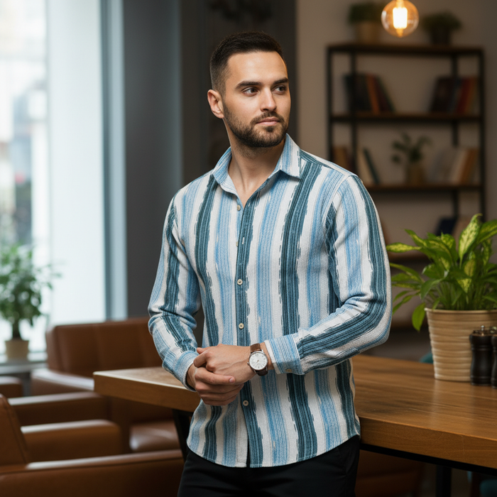 Men's Aqua Teal Abstract Stripe Winkle Ribbed Shirt