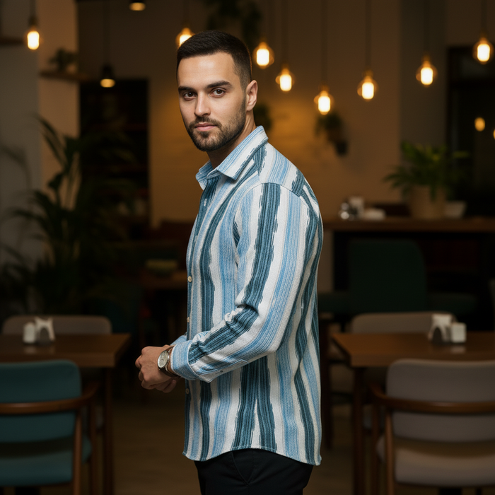 Men's Aqua Teal Abstract Stripe Winkle Ribbed Shirt