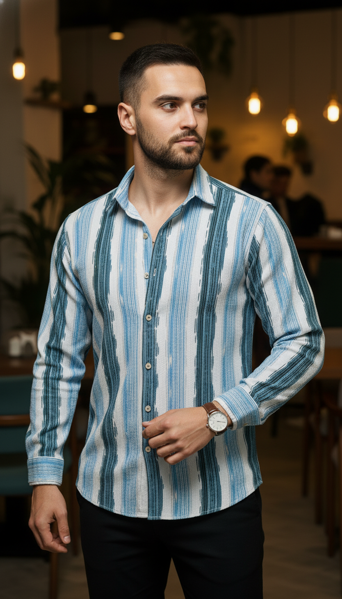 Men's Aqua Teal Abstract Stripe Winkle Ribbed Shirt