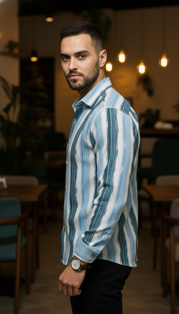 Men's Aqua Teal Abstract Stripe Winkle Ribbed Shirt