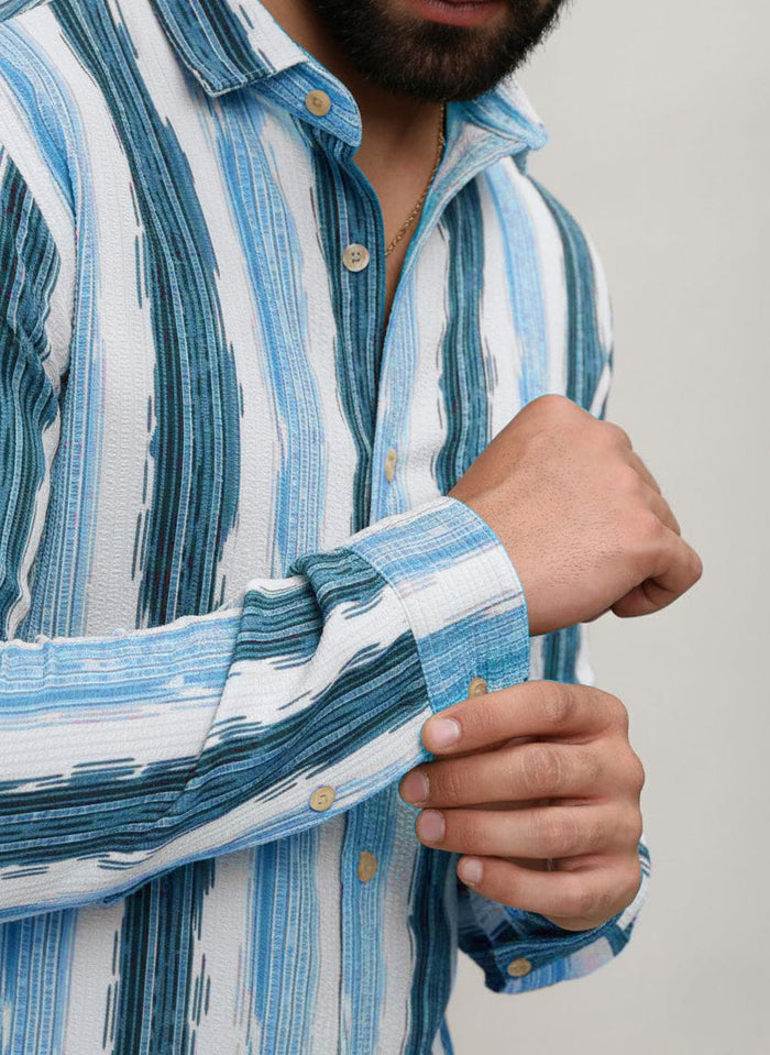 Men's Aqua Teal Abstract Stripe Winkle Ribbed Shirt