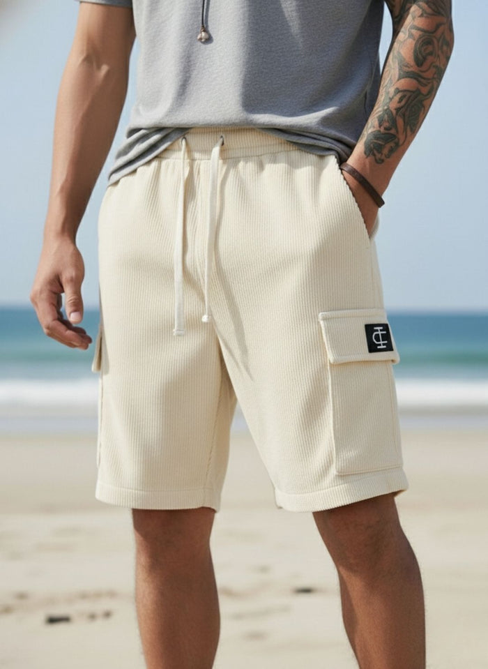 Men's Beige Premium Ribbed Texture Cargo Shorts