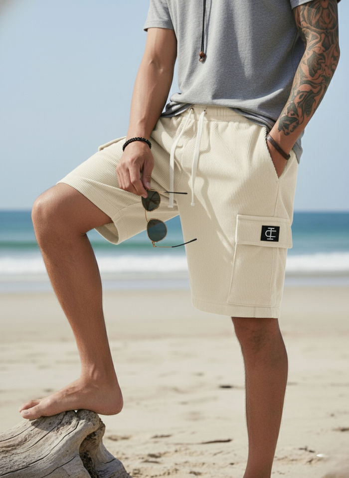 Men's Beige Premium Ribbed Texture Cargo Shorts