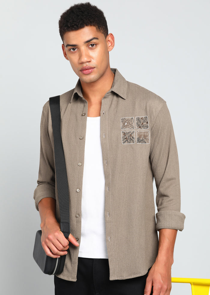 Men’s Beige Textured Regular Fit Shirt with Floral Chest Embroidery