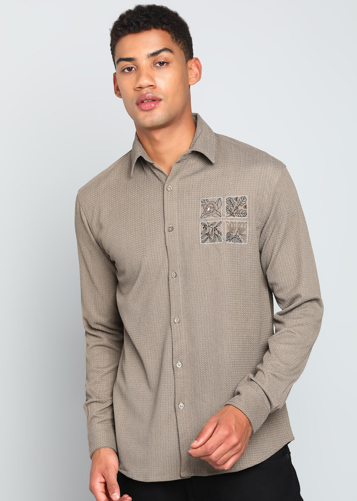 Men’s Beige Textured Regular Fit Shirt with Floral Chest Embroidery