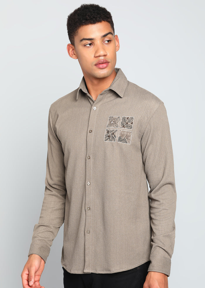 Men’s Beige Textured Regular Fit Shirt with Floral Chest Embroidery
