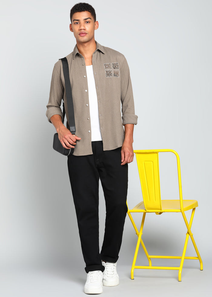 Men’s Beige Textured Regular Fit Shirt with Floral Chest Embroidery