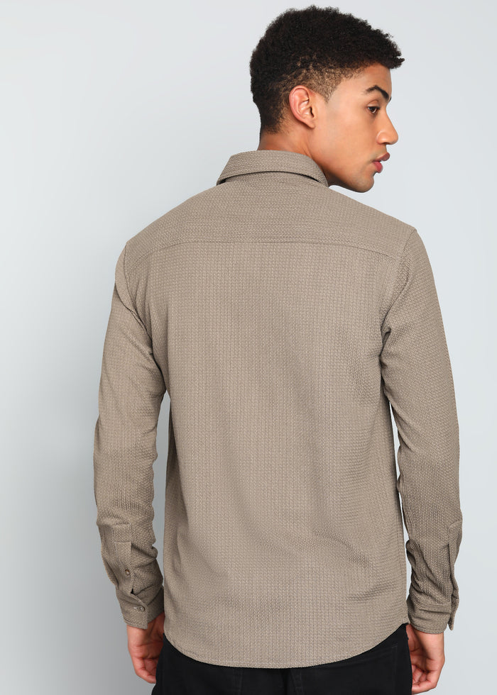 Men’s Beige Textured Regular Fit Shirt with Floral Chest Embroidery