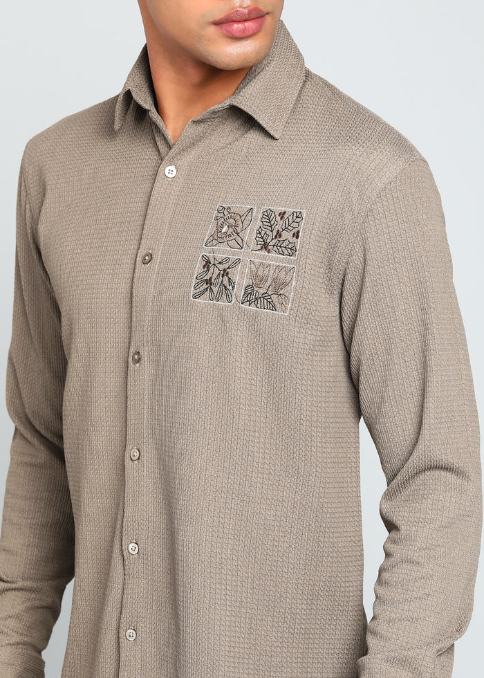 Men’s Beige Textured Regular Fit Shirt with Floral Chest Embroidery