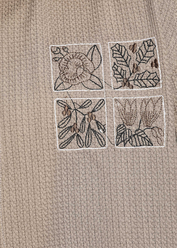 Men’s Beige Textured Regular Fit Shirt with Floral Chest Embroidery