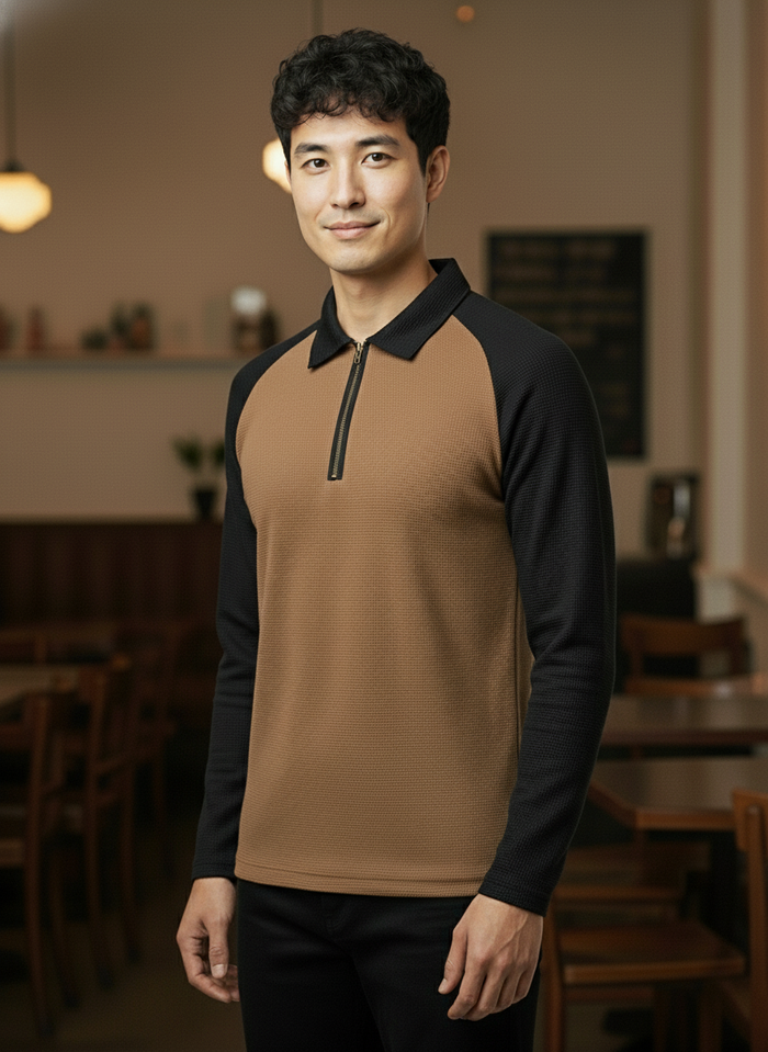 Men’s Black & Brown Waffle Knit Quarter-Zip Long Sleeve Polo T-shirt