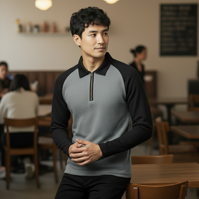 Men’s Black & Dark Gray Waffle Knit Quarter-Zip Long Sleeve Polo T-shirt