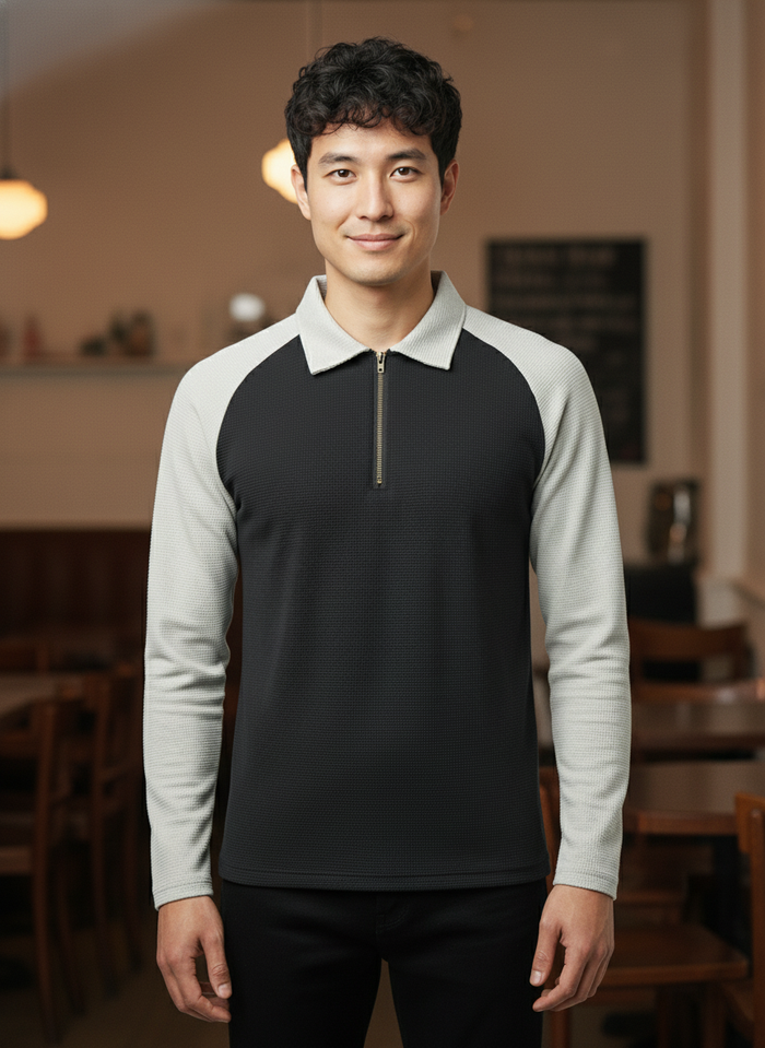 Men’s Black & Light Grey Waffle Knit Quarter-Zip Long Sleeve Polo T-shirt