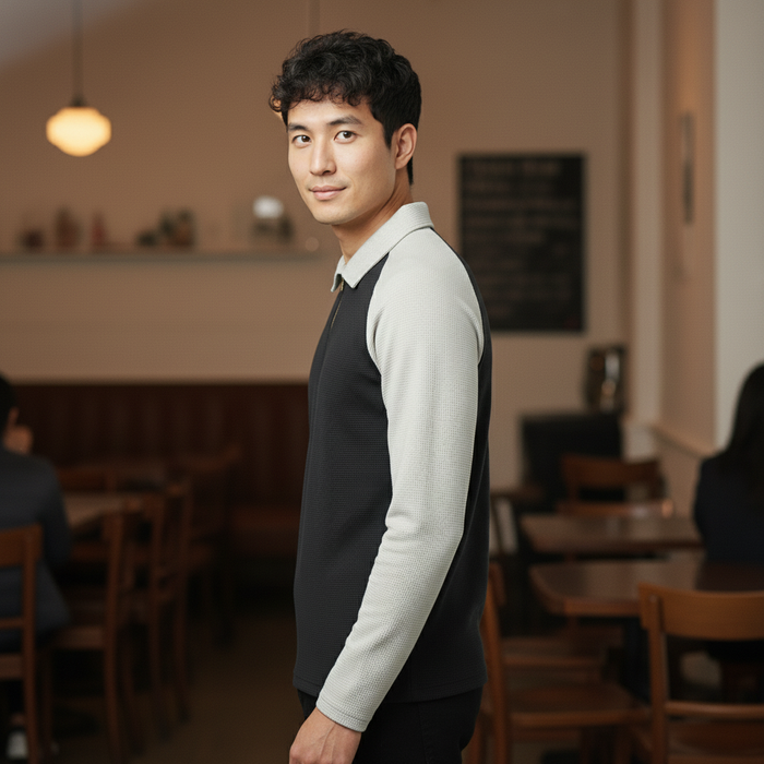 Men’s Black & Light Grey Waffle Knit Quarter-Zip Long Sleeve Polo T-shirt