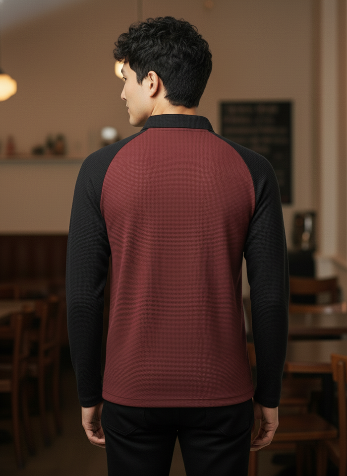 Men’s Black & Maroon Waffle Knit Quarter-Zip Long Sleeve Polo T-shirt