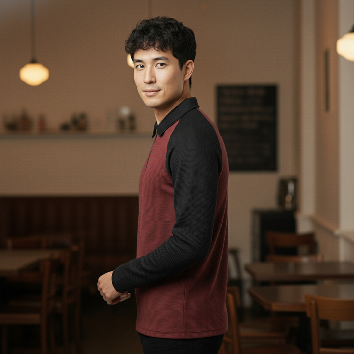 Men’s Black & Maroon Waffle Knit Quarter-Zip Long Sleeve Polo T-shirt