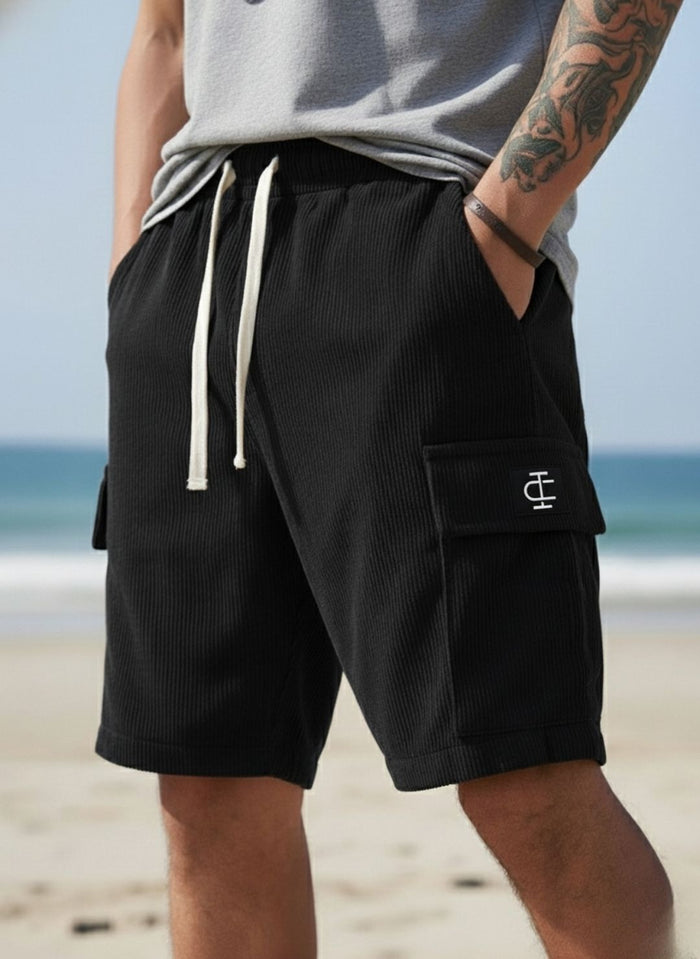 Men's Black Premium Ribbed Texture Cargo Shorts