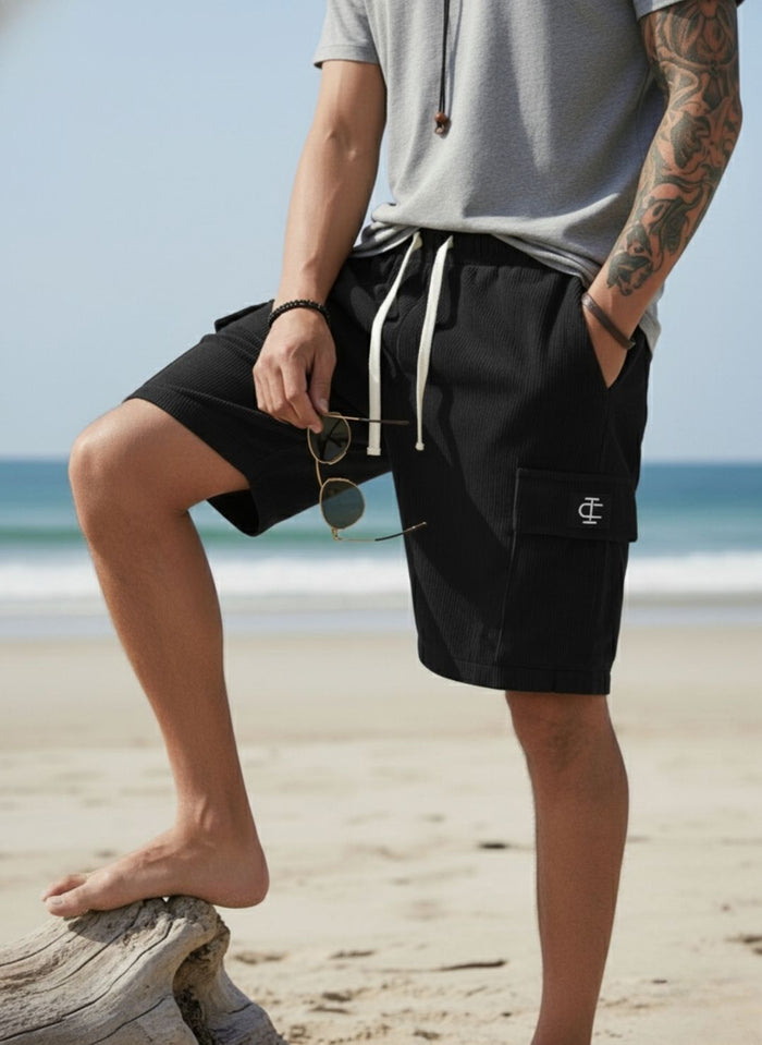 Men's Black Premium Ribbed Texture Cargo Shorts