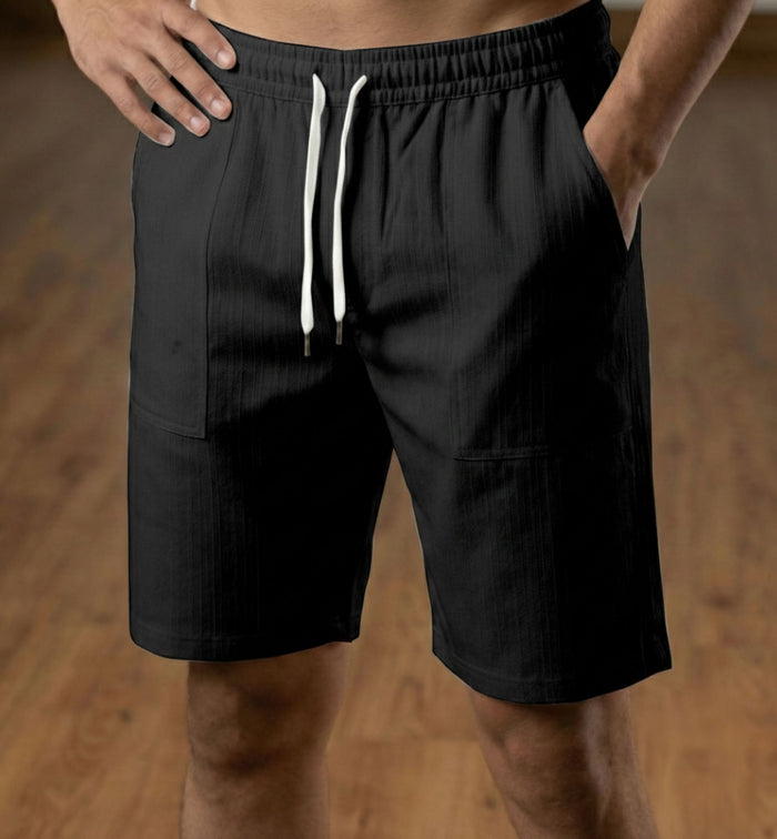 Men’s Black Textured Polyester Jute Drawstring Shorts