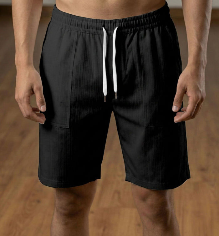 Men’s Black Textured Polyester Jute Drawstring Shorts