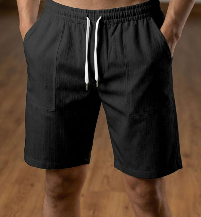 Men’s Black Textured Polyester Jute Drawstring Shorts