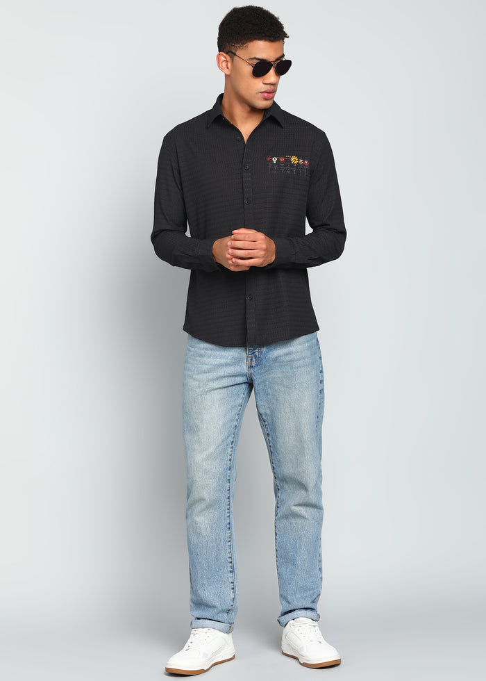 Men’s Black Textured Polyester Long-Sleeve Shirt with Floral Chest Embroidery