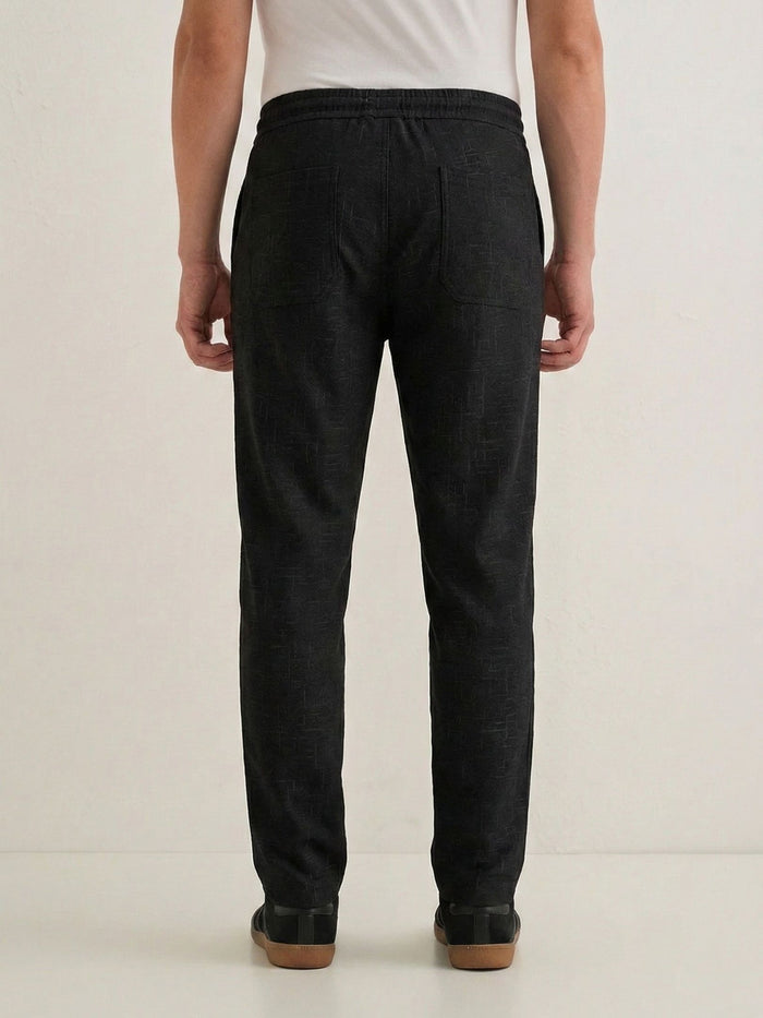 Men's Black Textured Relaxed Fit Trousers with Elasticated Drawstring Waist