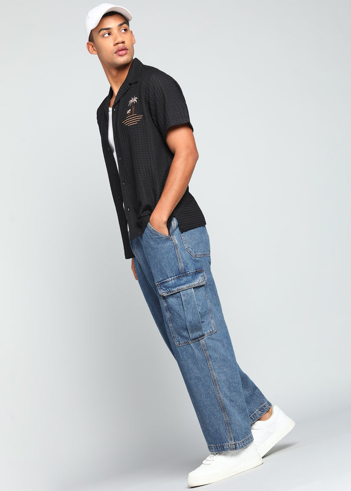 Men’s Black Textured Seersucker Cuban Collar Shirt with Palm Embroidery