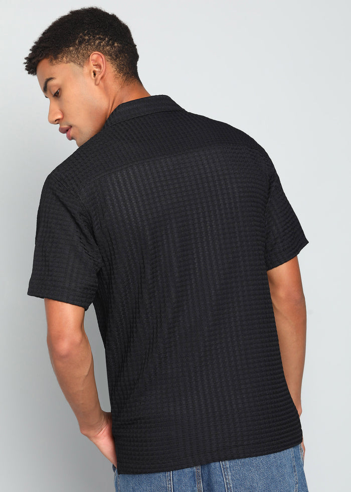 Men’s Black Textured Seersucker Cuban Collar Shirt with Palm Embroidery