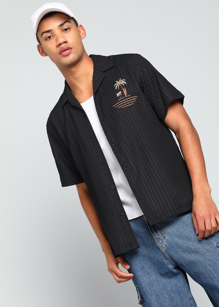 Men’s Black Textured Seersucker Cuban Collar Shirt with Palm Embroidery