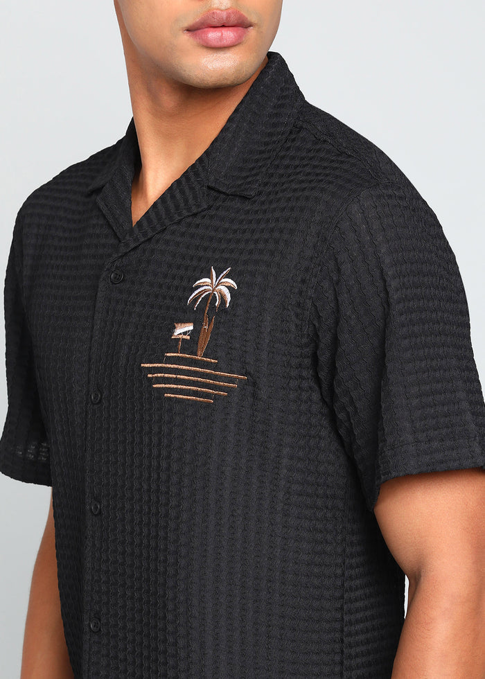 Men’s Black Textured Seersucker Cuban Collar Shirt with Palm Embroidery