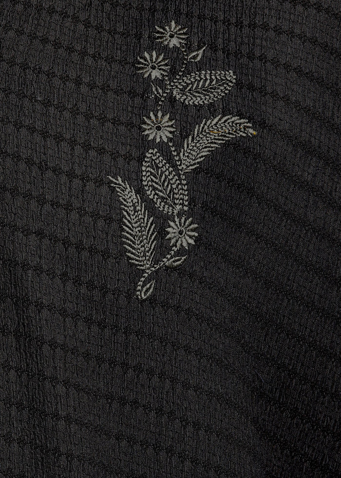 Men’s Black Textured Short-Sleeve Cuban Shirt with Floral Embroidery