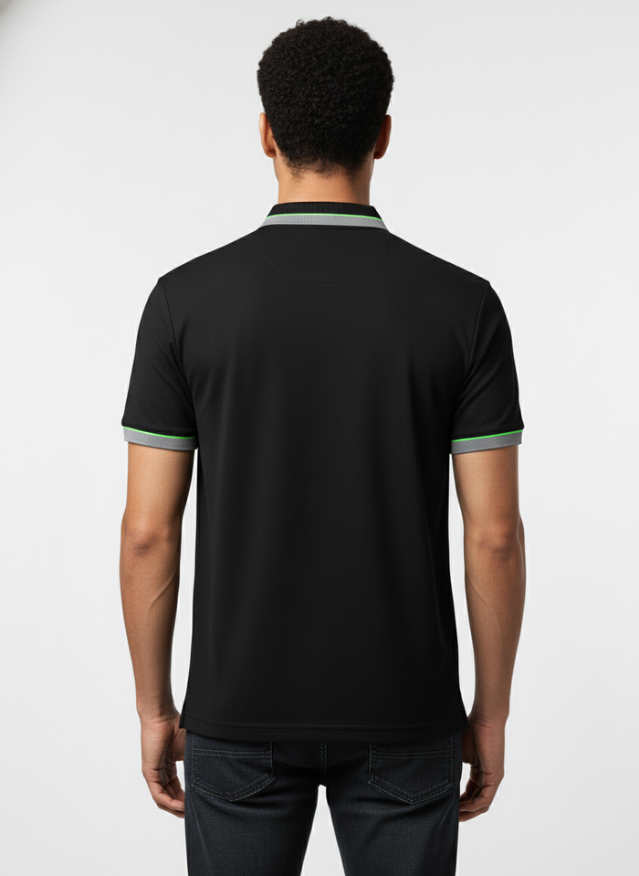 Men's Black Textured Zip-Polo T-Shirt with Neon Collar Accent