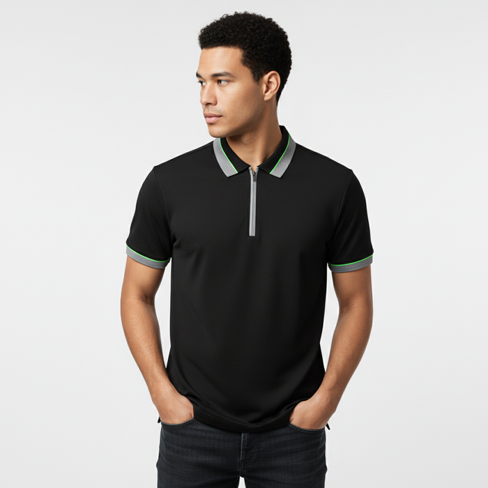 Men's Black Textured Zip-Polo T-Shirt with Neon Collar Accent
