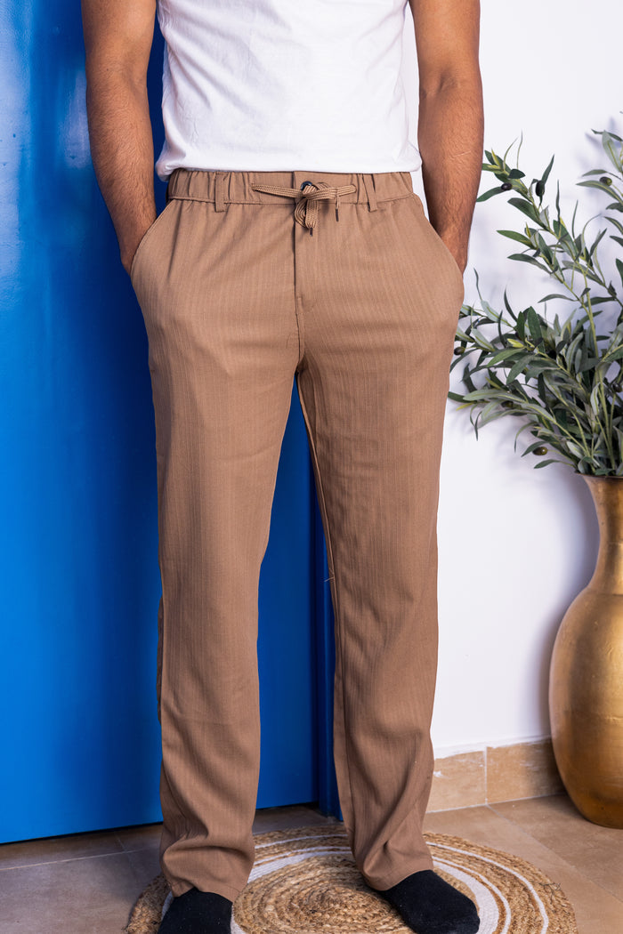 Men's Brown Casual Slub Drawstring Pants
