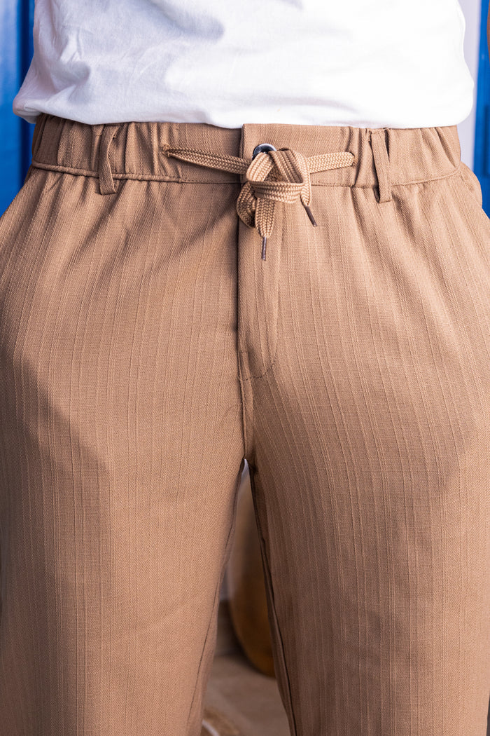 Men's Brown Casual Slub Drawstring Pants