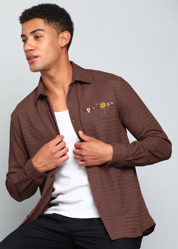 Men’s Brown Textured Polyester Long-Sleeve Shirt with Floral Embroidery