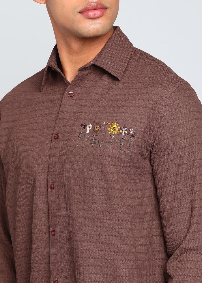 Men’s Brown Textured Polyester Long-Sleeve Shirt with Floral Embroidery