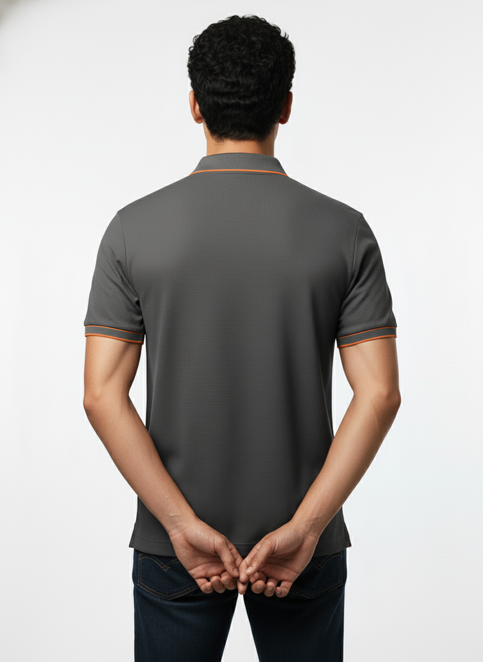 Men's Charcoal Grey Contrast Trim Zip Polo T-Shirt