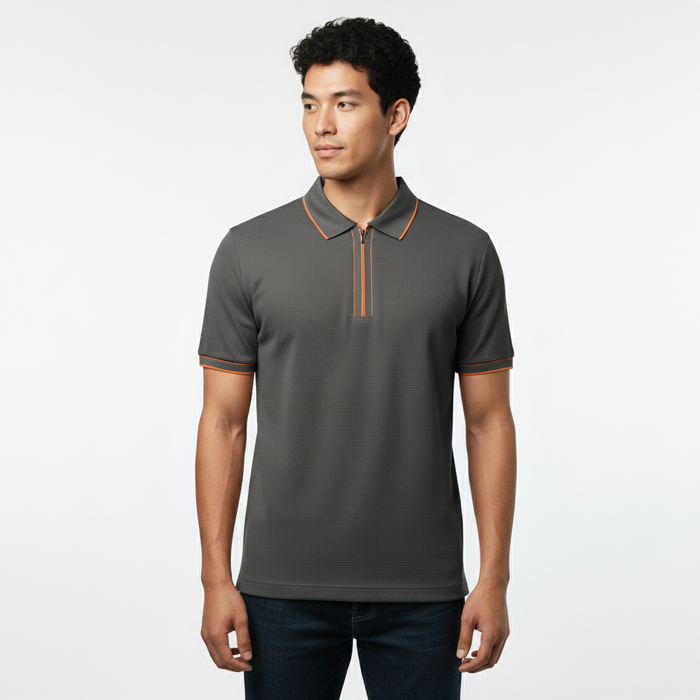 Men's Charcoal Grey Contrast Trim Zip Polo T-Shirt