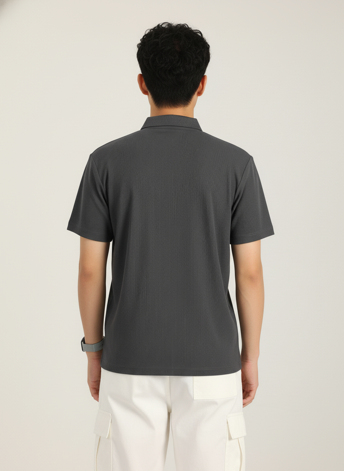 Men’s Charcoal Grey Textured Ribbed Zip Polo T-Shirt
