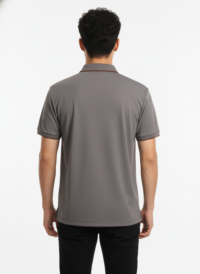 Men's Cool Grey Modern Contrast Trim Zip-Neck Polo T-Shirt