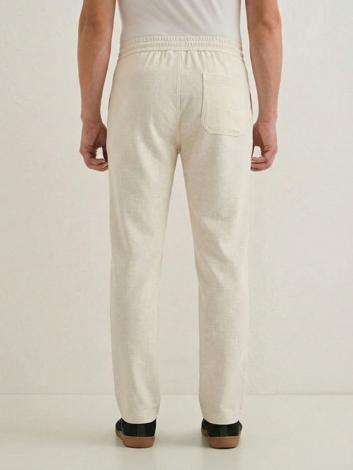 Men's Cream Textured Relaxed Fit Trousers with Elasticated Drawstring Waist