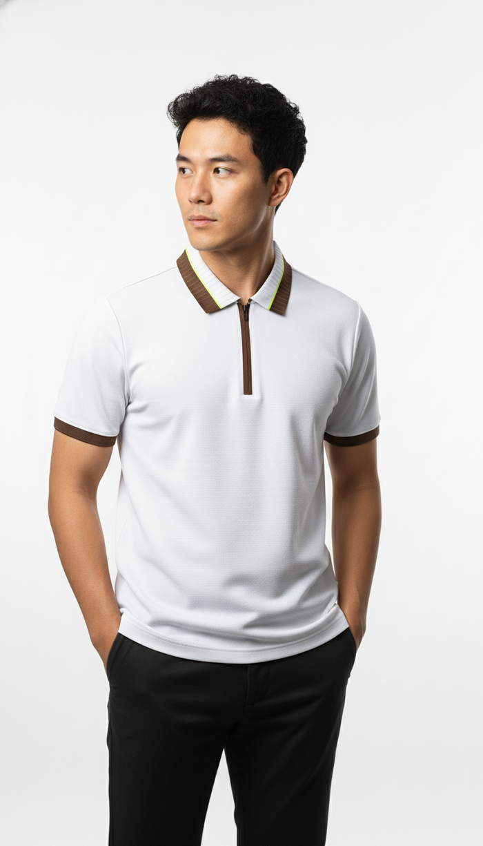 Men's Crisp White Textured Zip-Polo T-Shirt with Neon Collar Accent