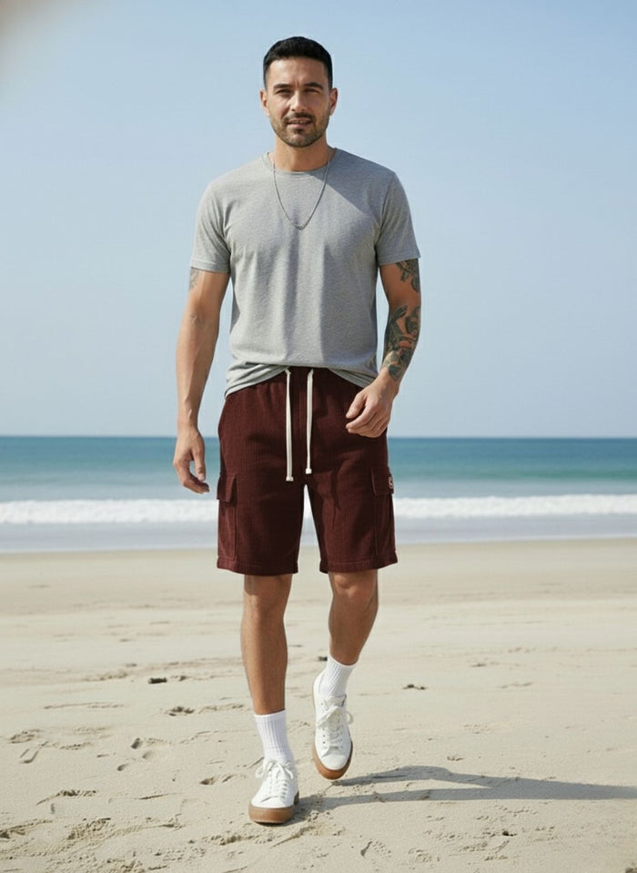 Men's Deep Maroon Premium Ribbed Texture Cargo Shorts