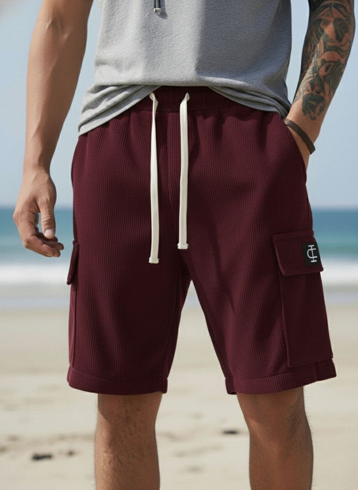 Men's Deep Maroon Premium Ribbed Texture Cargo Shorts